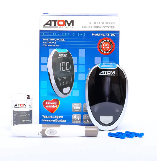 Atom AT 600 digital blood glucose monitoring kit.