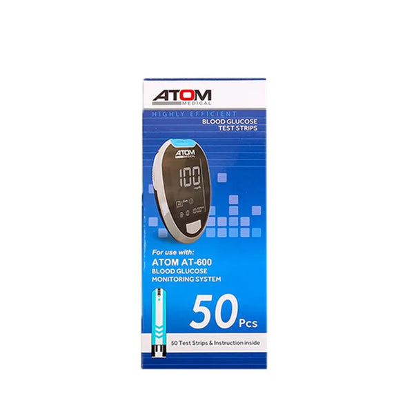 Atom pack of 50 blood glucose test strips for at-600 glucometer.
